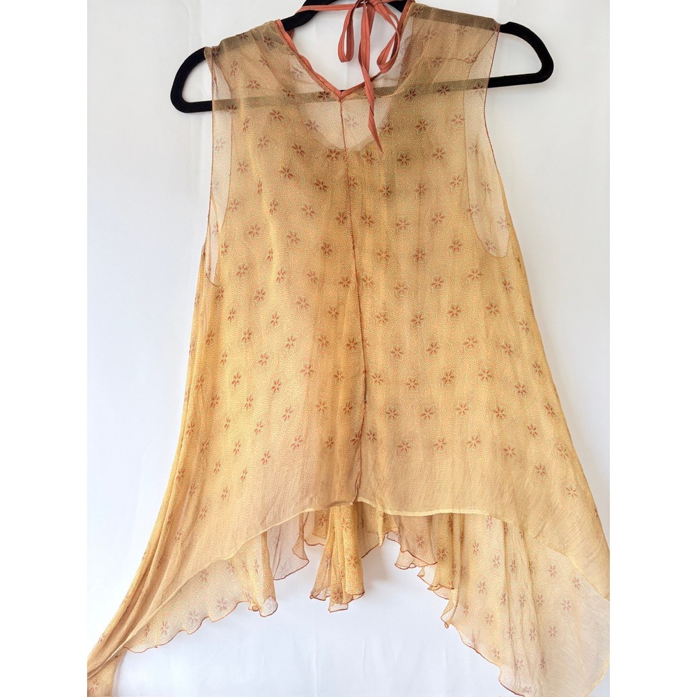 Rozae Nichols Women Orange Silk Beaded Halter Top Sheer Floral Asymmetric L - Picture 3 of 5